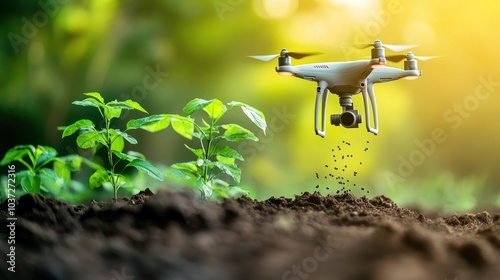 A drone dispersing seeds over soil with green plants in the background.