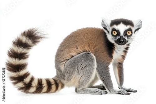 Curious Lemur with Striped Tail on White Background