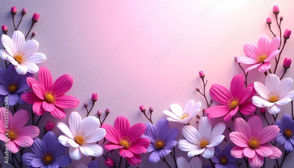 Colorful blooming flowers in pink and purple hues on a soft pastel background with copy space Colorful blooming flowers in pink and purple hues on a soft pastel background with copy space