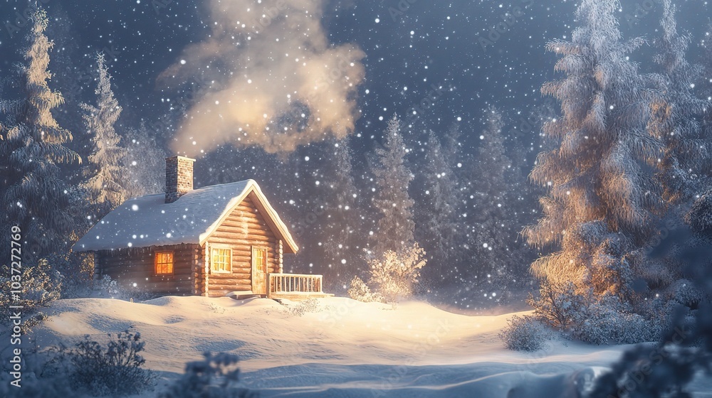 Peaceful Winter Cabin Among Falling Snowflakes Peaceful Winter Cabin Among Falling Snowflakes