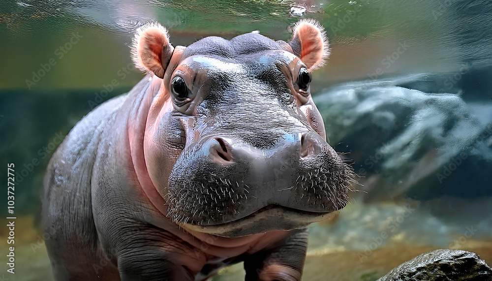 A cute baby hippopotamus swimming underwater A cute baby hippopotamus swimming underwater