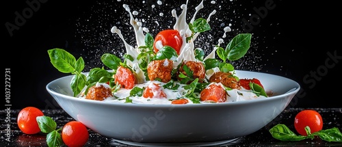 Fresh ingredients splashing in a bowl, vibrant colors on a dark background.