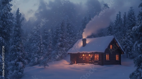 Cozy Winter Cabin Surrounded by Snowy Trees