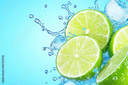 Fresh lime slices splashing in water against a blue background.