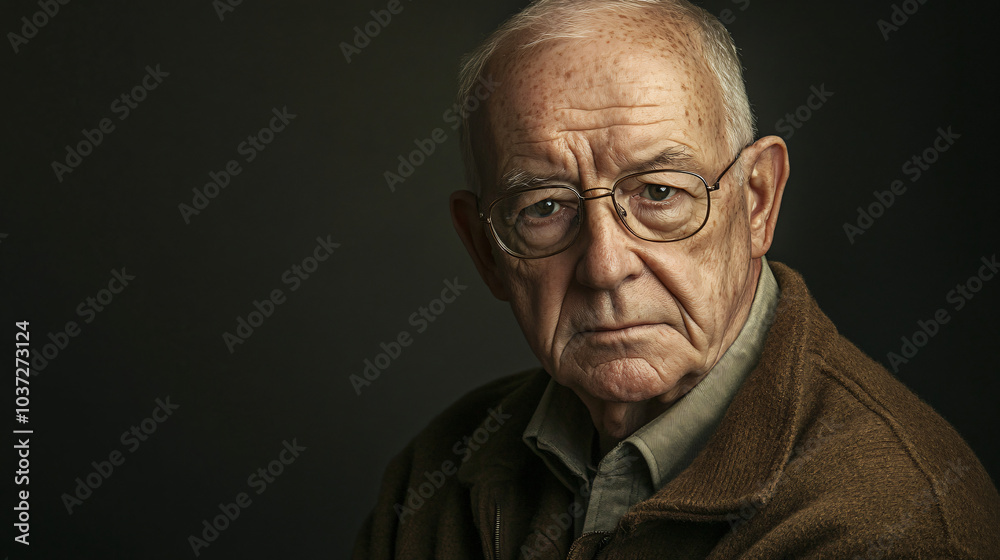 A professional studio portrait of an older man with a serious expression and wrinkles showing his life experience. A professional studio portrait of an older man with a serious expression and wrinkles showing his life experience.