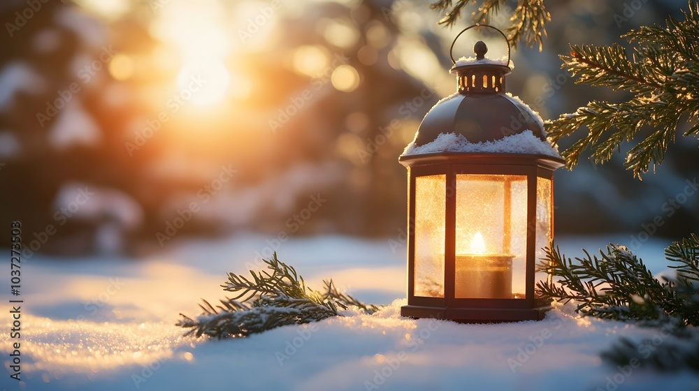 Illuminated Lantern in a Snowy Winter Forest at Sunset Illuminated Lantern in a Snowy Winter Forest at Sunset