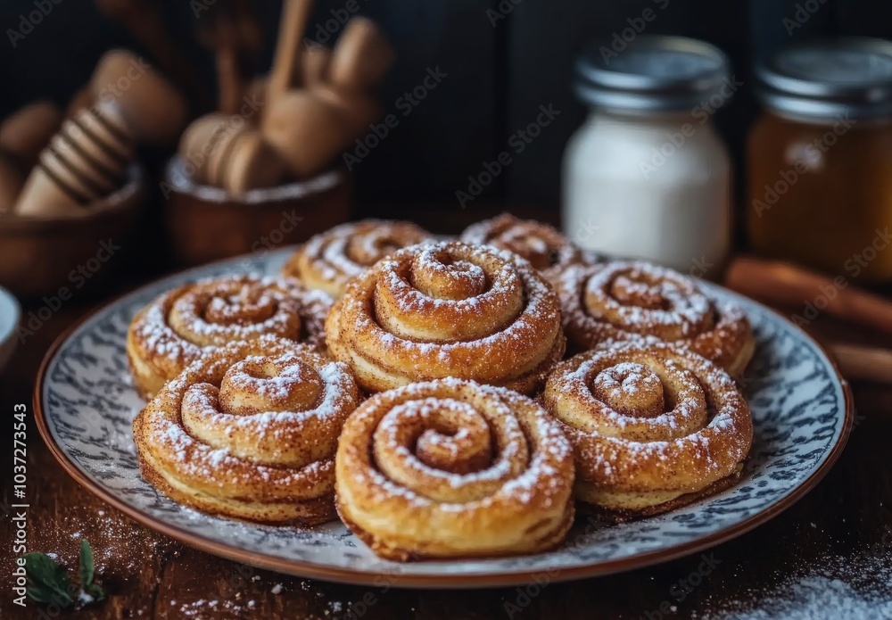 Freshly baked cinnamon rolls served on a decorative plate with powdered sugar on top Freshly baked cinnamon rolls served on a decorative plate with powdered sugar on top