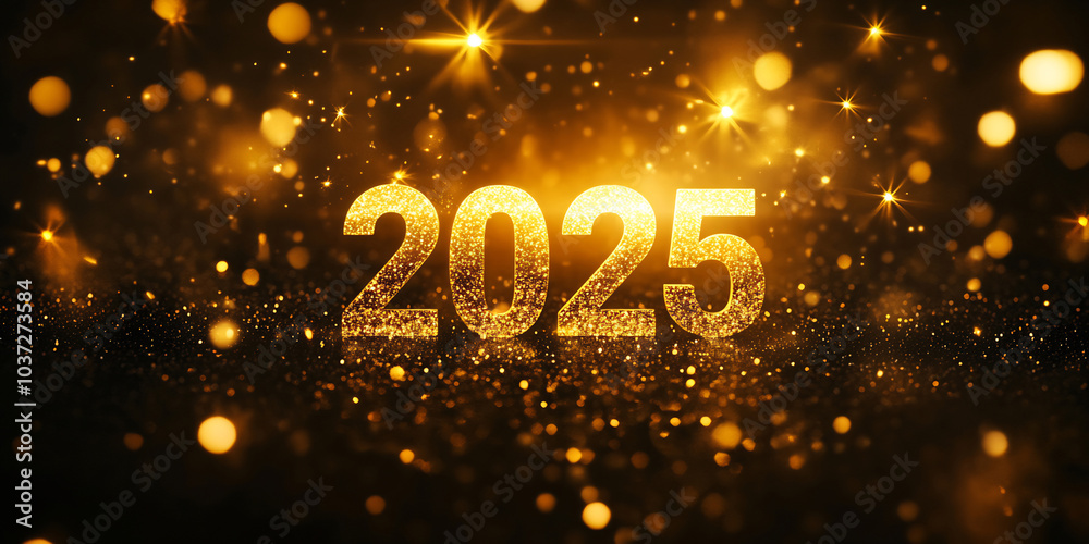 Sparkling golden text of 2025 against a dark background filled with bright shining lights