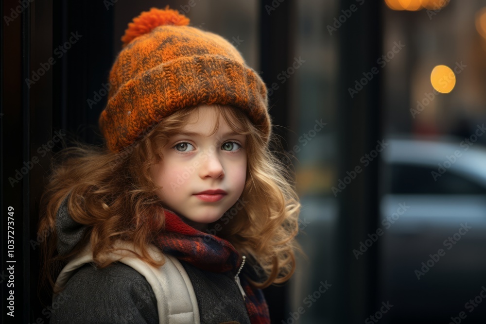 Beautiful little girl in a hat and scarf on the street. Beautiful little girl in a hat and scarf on the street.
