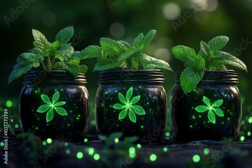 Herbal nutrition, visualized in a fantasy setting where glowing herbs are infused into magical potions, with vibrant green energy swirling from the plants photo