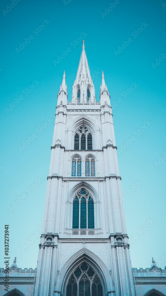 A white church tower with intricate details against a clear blue sky. A white church tower with intricate details against a clear blue sky.