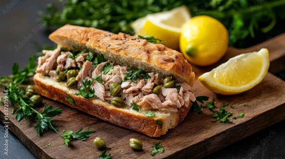 Homemade Tuna Sandwich. Fresh Herbs, Capers, and Lemon on Rustic Board Homemade Tuna Sandwich. Fresh Herbs, Capers, and Lemon on Rustic Board