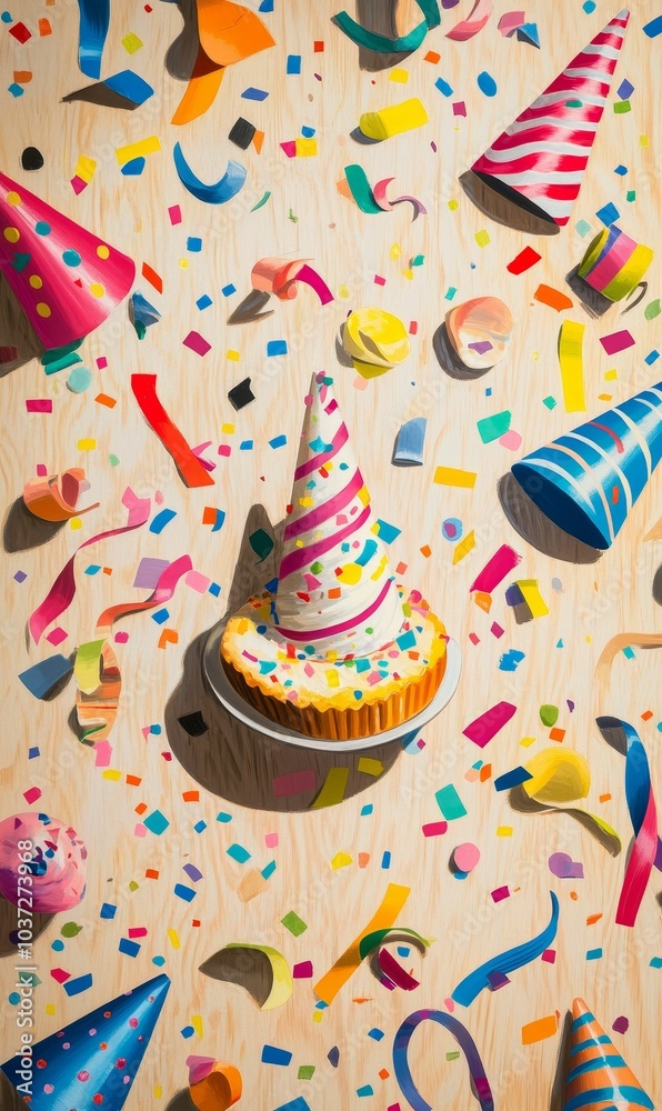 A celebratory cake with confetti and party hats. A celebratory cake with confetti and party hats.