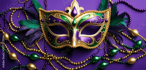 Beautiful decorative masquerade mask with green, gold, and purple beads on a vibrant purple background photo