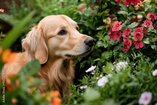 A golden retriever exploring a garden full of blooming flowers. Featuring lush greenery and vibrant petals. Showcasing a serene natural scene. Ideal for garden ads photo