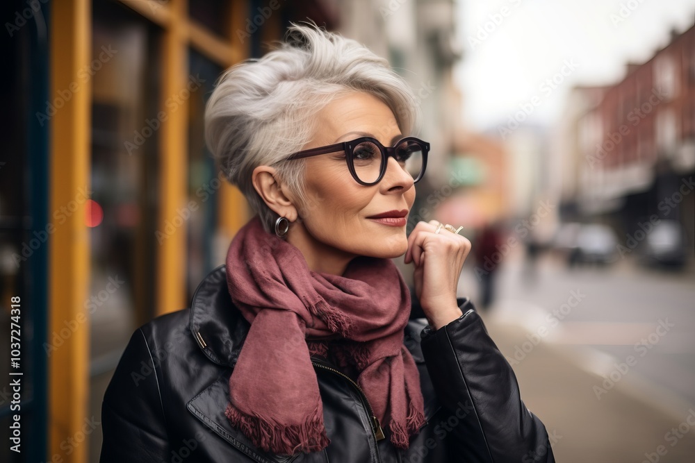 Portrait of a beautiful middle-aged woman in glasses and a scarf on the street Portrait of a beautiful middle-aged woman in glasses and a scarf on the street