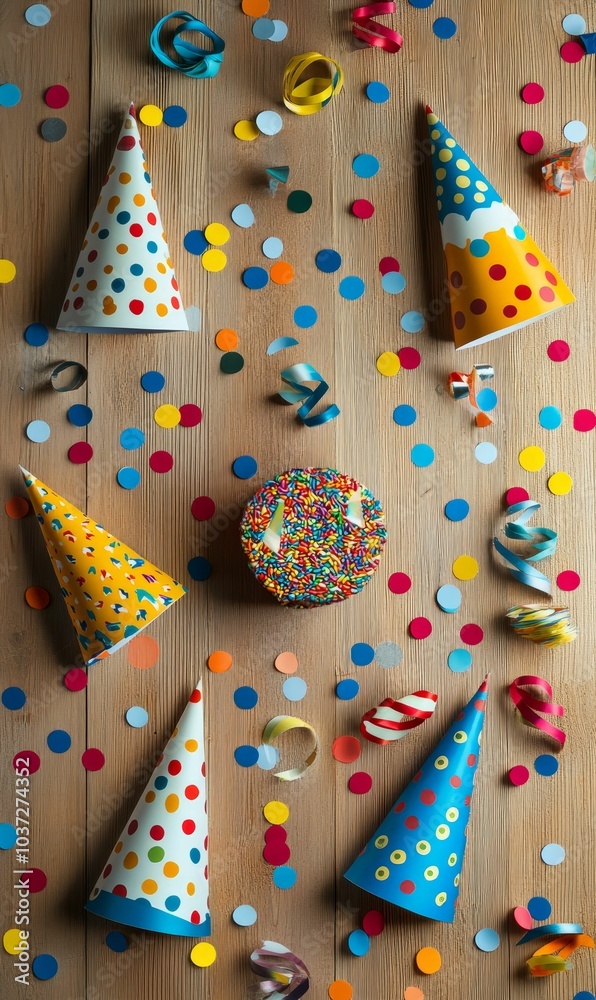Party hats, confetti, and streamers on wood. Party hats, confetti, and streamers on wood.