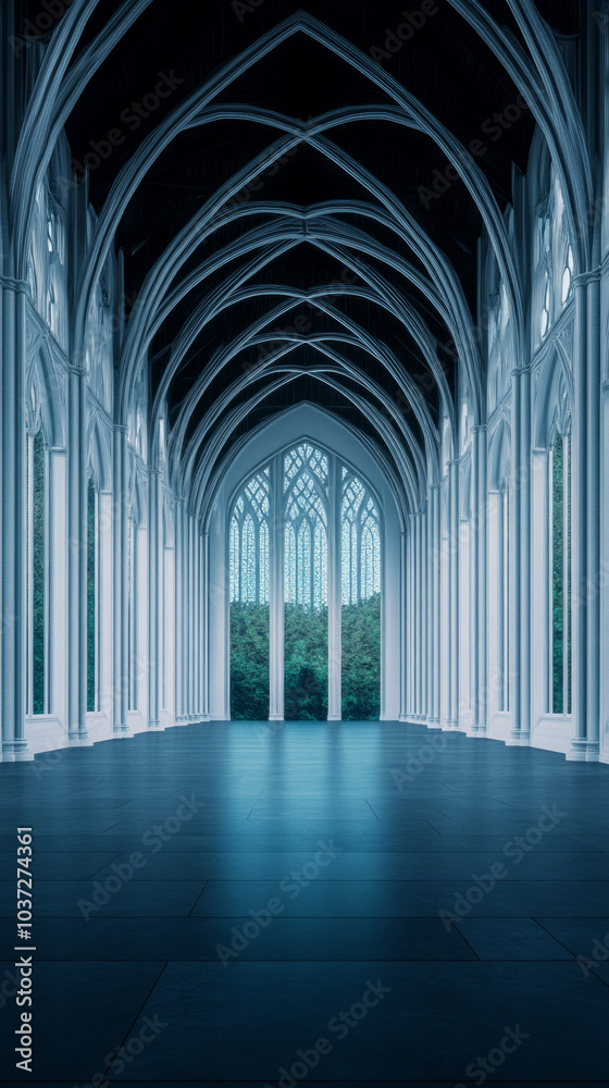 Obraz premium A grand white cathedral interior with tall arches and stained glass windows.
