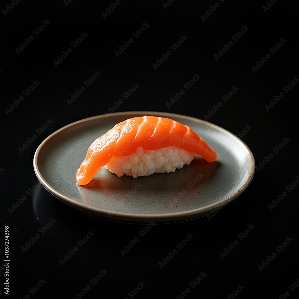 Generative, AI, Sushi piece on black plate against dark background, vibrant orange fish, white rice, minimalistic food presentation.

