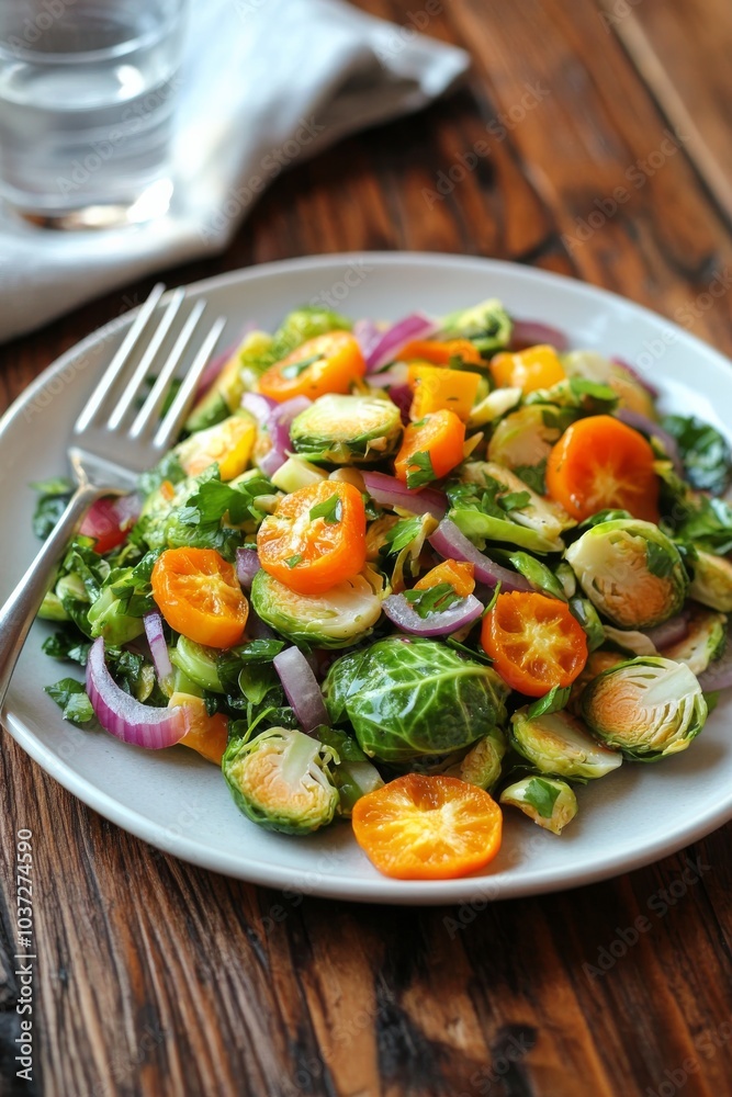 Colorful roasted Brussels sprouts and carrots salad served on a white plate with fork Colorful roasted Brussels sprouts and carrots salad served on a white plate with fork