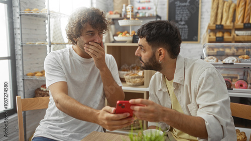 Two friends sitting together in a bakery with one showing something on a red phone while the other reacts with surprise, surrounded by bread and pastries