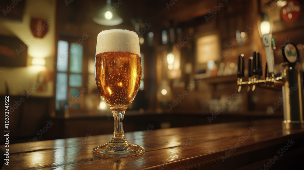 refreshing glass of golden beer with frothy head sits on wooden bar, surrounded by cozy pub atmosphere. warm lighting enhances inviting ambiance refreshing glass of golden beer with frothy head sits on wooden bar, surrounded by cozy pub atmosphere. warm lighting enhances inviting ambiance