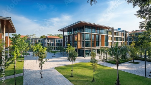 Modern architectural buildings surrounded by greenery and pathways in a bright urban setting.