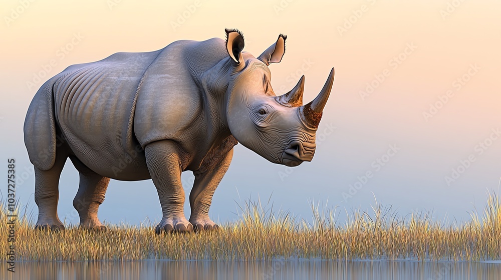 Fototapeta premium A majestic rhinoceros stands gracefully in a serene landscape, showcasing its distinctive features against a soft, pastel background.
