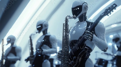 Robotic Band Performing with Saxophones and Electric Guitars in a Futuristic Concert, High-Tech Sci-Fi Setting