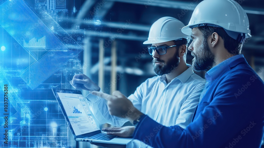 Construction Industry Innovation: Engineers Analyze Data on Laptop