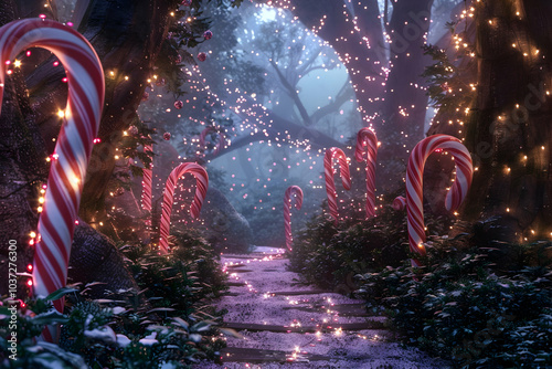  magical winter path with candy canes and twinkling lights creating a festive vibe