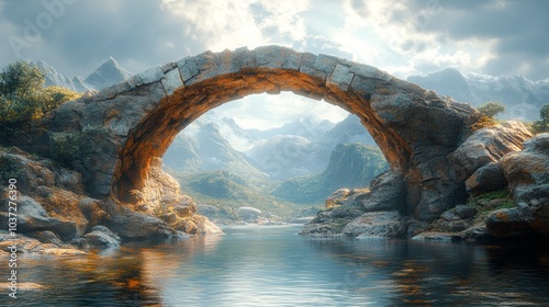 Natural stone arch over tranquil mountain lake 