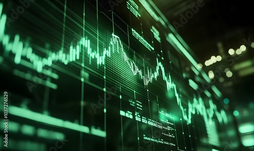 A digital display shows fluctuating data points in green, symbolizing market trends, analytics, or financial performance.