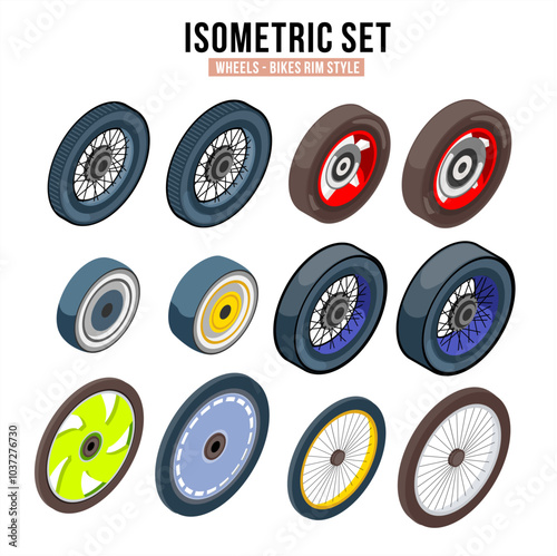 Isometric design set of Bike Wheels Style with various color and variations
