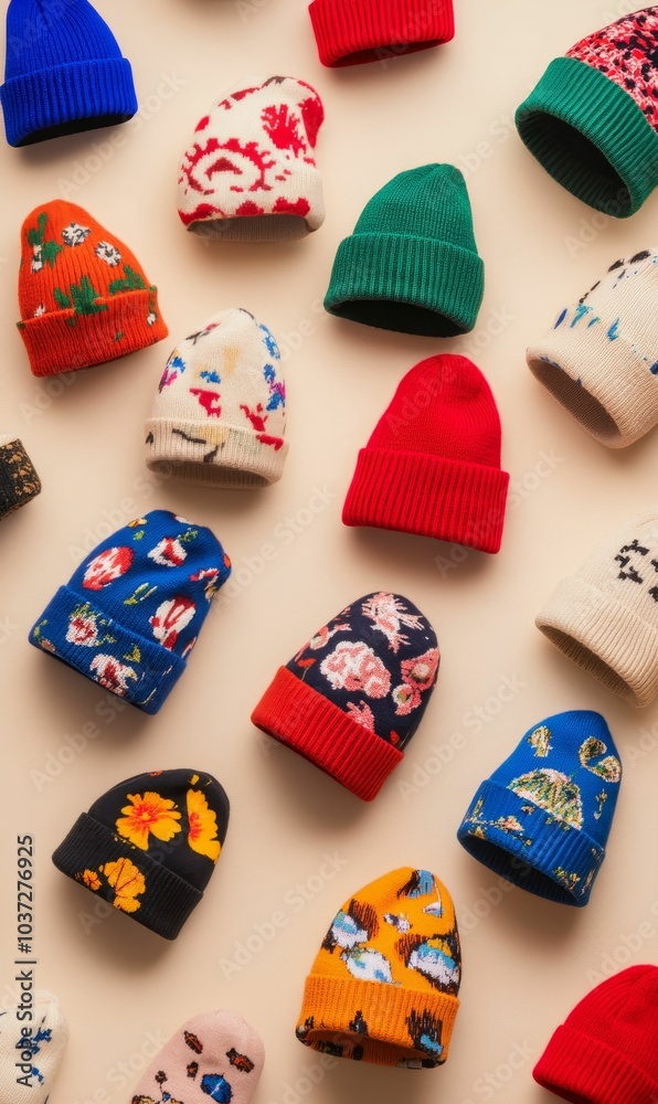 Colorful knitted hats scattered on beige background. Colorful knitted hats scattered on beige background.