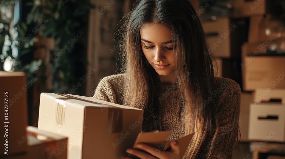Young Woman Unpacking Boxes in Cozy Space Young Woman Unpacking Boxes in Cozy Space