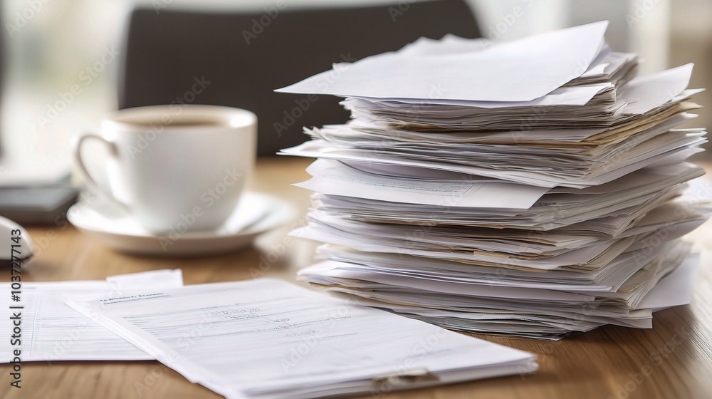 Pile of Documents with Coffee on Desk Pile of Documents with Coffee on Desk