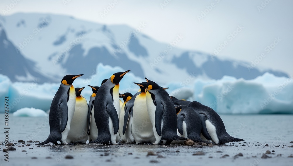 Fototapeta premium Penguins huddling on icy shore with snowy mountains