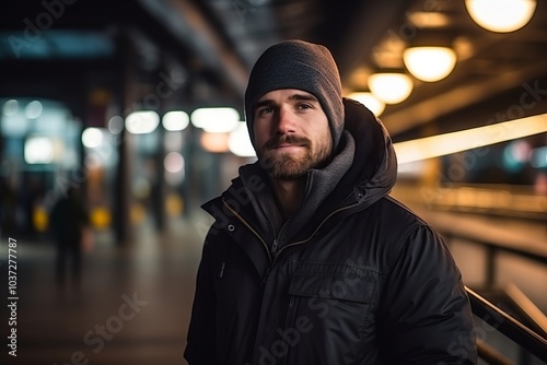 Portrait of a handsome man wearing a black jacket and a hat in the city at night