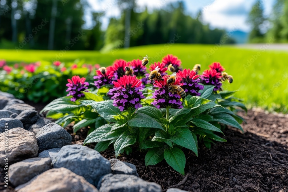 Fototapeta premium Monarda plants in full bloom, their striking red and purple flowers attracting bees in a sunny meadow