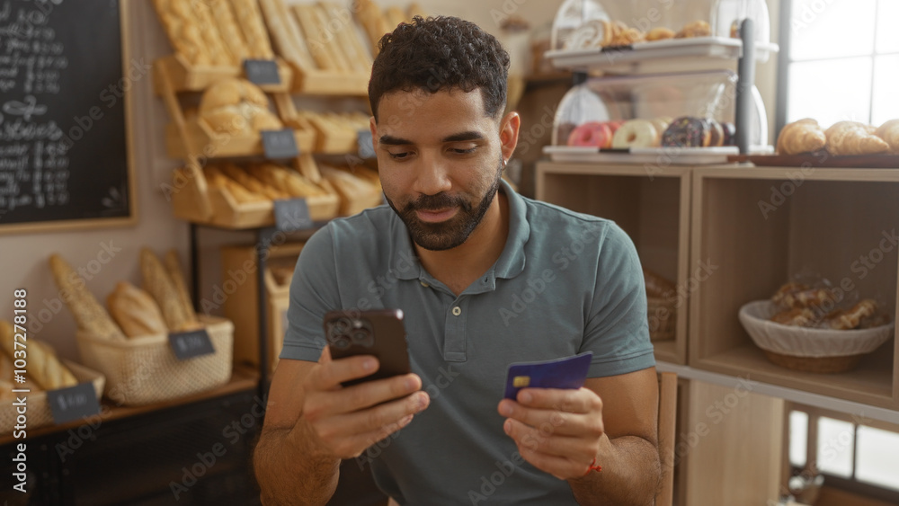Young man using phone and credit card in bakery shop with various breads displayed behind Young man using phone and credit card in bakery shop with various breads displayed behind