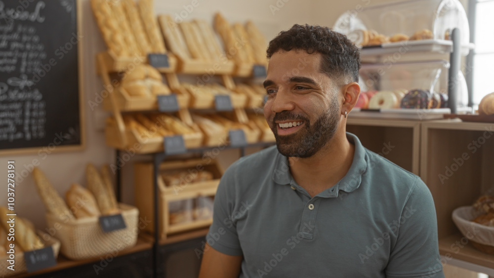 Handsome man smiling in a bakery shop full of bread and pastries, displaying a warm and inviting atmosphere with neatly arranged baked goods Handsome man smiling in a bakery shop full of bread and pastries, displaying a warm and inviting atmosphere with neatly arranged baked goods