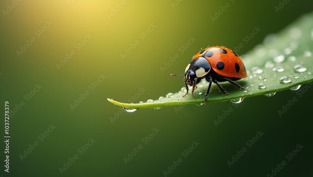 Fototapeta premium Ladybug on leaf tip with dew drops in soft morning light