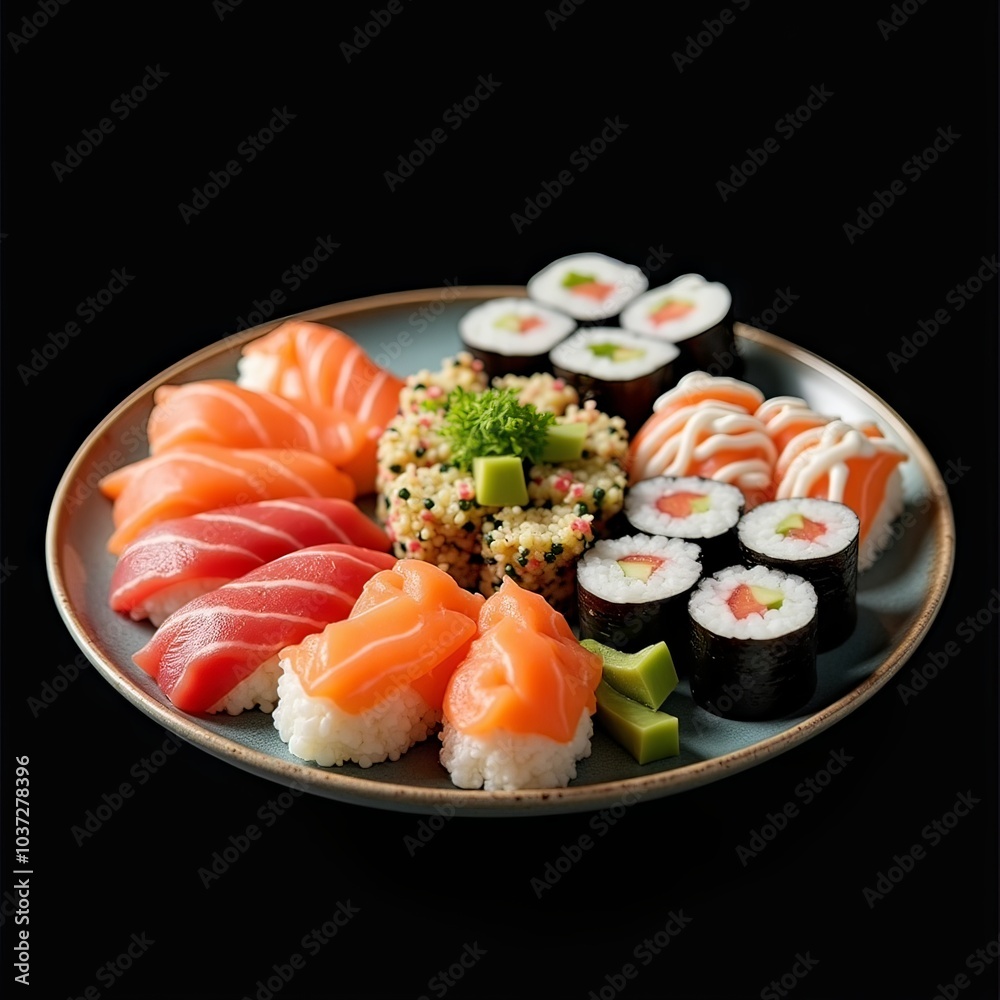 Generative, AI, assorted sushi and sashimi plate with wasabi on black background, vibrant colors Generative, AI, assorted sushi and sashimi plate with wasabi on black background, vibrant colors