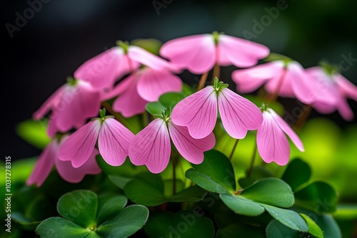 Oxalis Tetraphylla (O. Deppei) in full bloom, with its delicate pink flowers and unique four-leaf clover-shaped leaves glowing in the sunlight photo