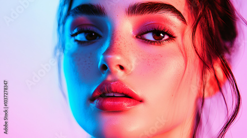 Portrait of a beautiful woman with glamorous makeup, captivating eyes, and colorful hair in a close-up studio shot