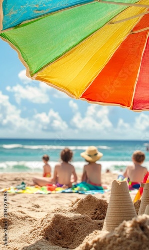 Sandcastle on beach under rainbow umbrella.