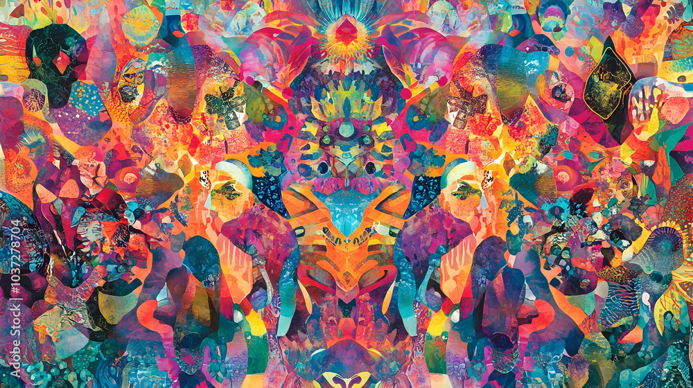 A kaleidoscope of shapes and patterns flowing endlessly across a vibrant surface in various shades A kaleidoscope of shapes and patterns flowing endlessly across a vibrant surface in various shades