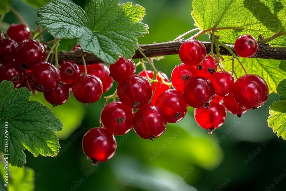 Redcurrant (Ribes Rubrum) branches laden with fruit, the deep red berries contrasting beautifully with the bright green leaves Redcurrant (Ribes Rubrum) branches laden with fruit, the deep red berries contrasting beautifully with the bright green leaves