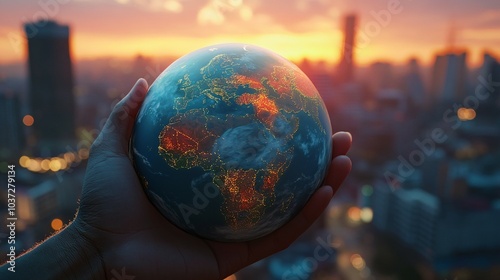 Hand Holding Earth Globe with City Lights at Sunset